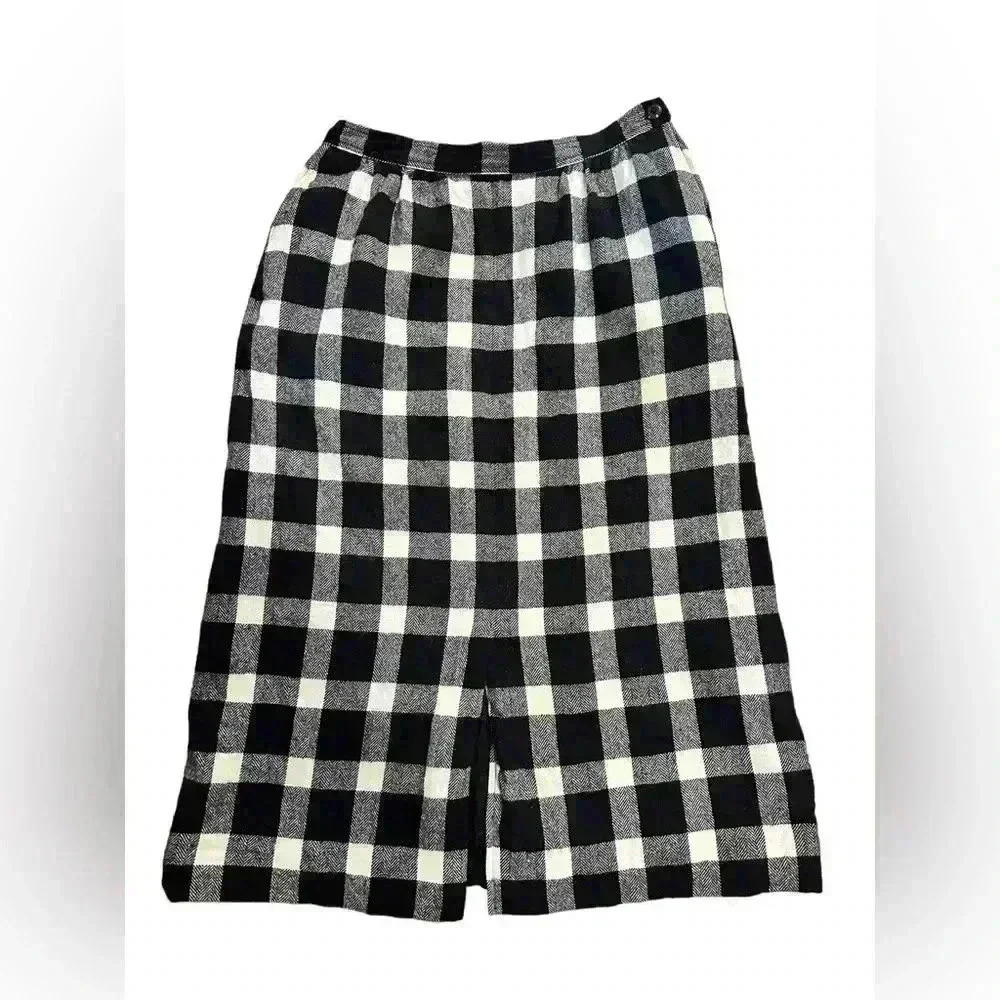 VINTAGE MISS PENDLETON WOOL BLACK & WHITE BUFFALO PLAID PENCIL SKIRT USA MADE